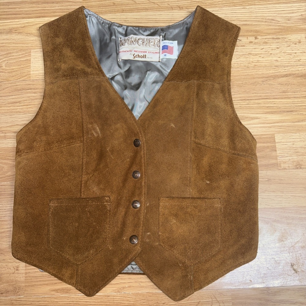 Vtg "Rancher" by Schott NYC Western Style Trucker Cowboy Suede Vest Sz 14 USA